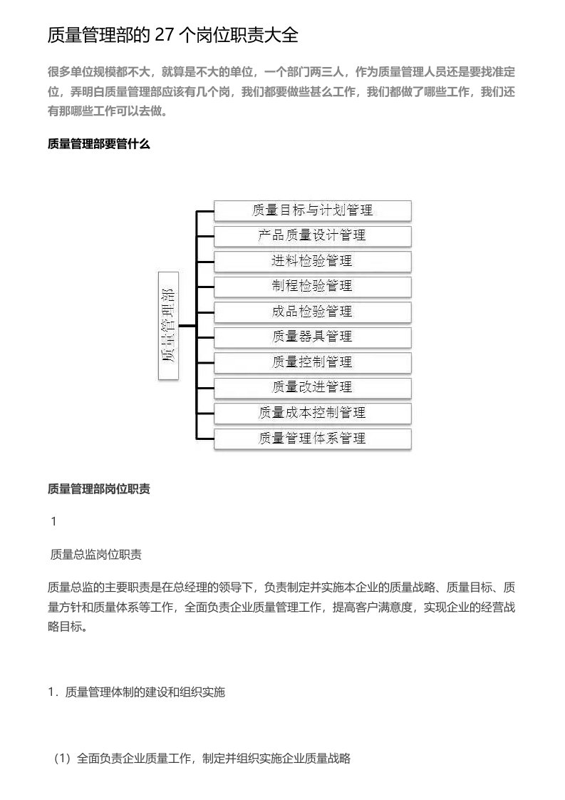 精选某公司质量管理部的岗位职责大全