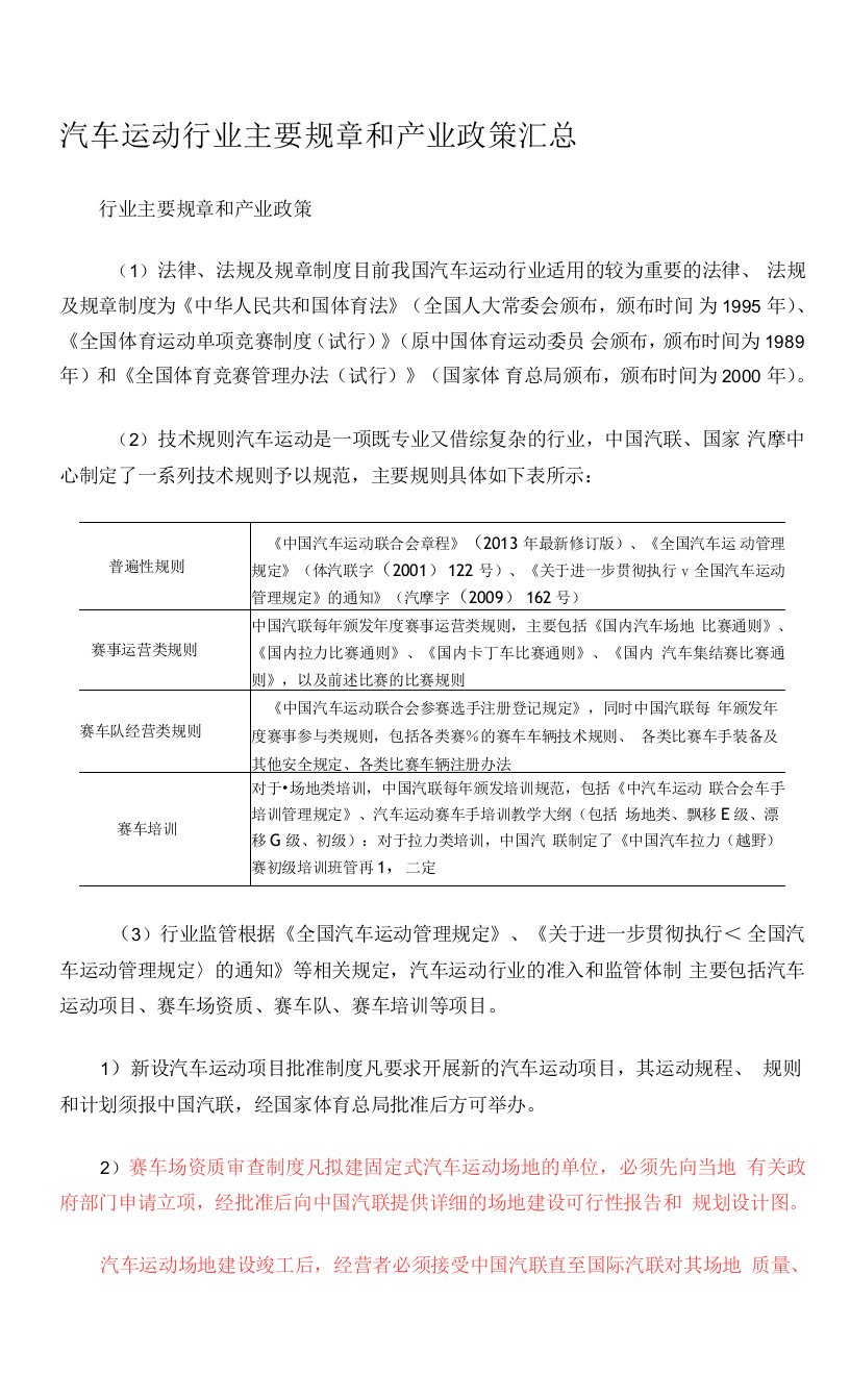 汽车运动行业主要规章和产业政策汇总