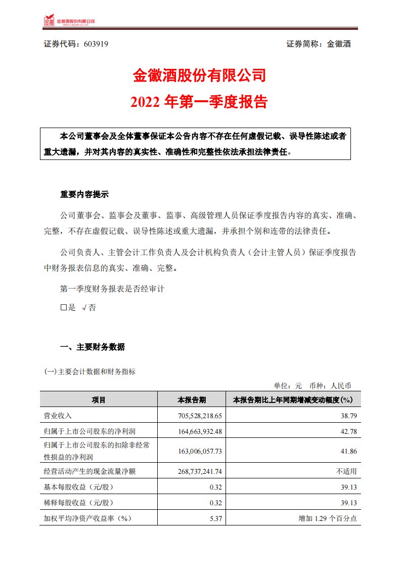 上交所-金徽酒股份有限公司2022年第一季度报告-20220425