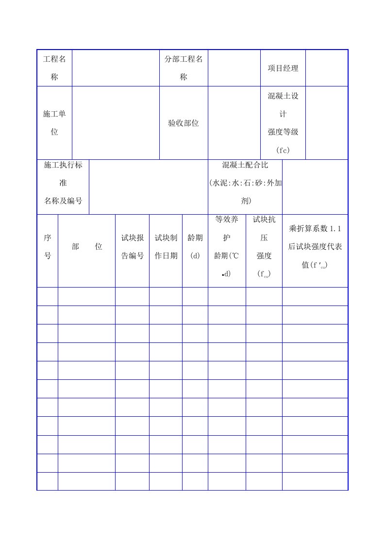 结构实体检验用同条件养护混凝土试块强度评定表