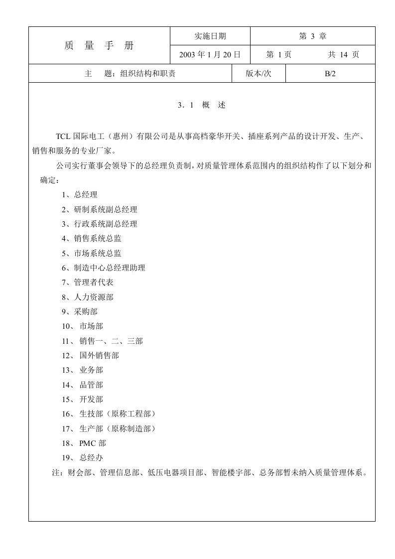 TCL国际电工（惠州）有限公司质量手册(DOC14)-质量手册