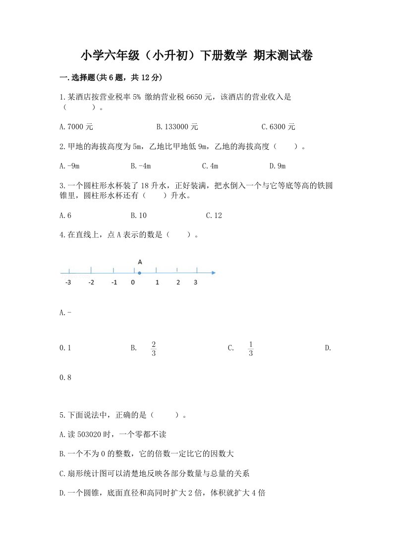 小学六年级（小升初）下册数学