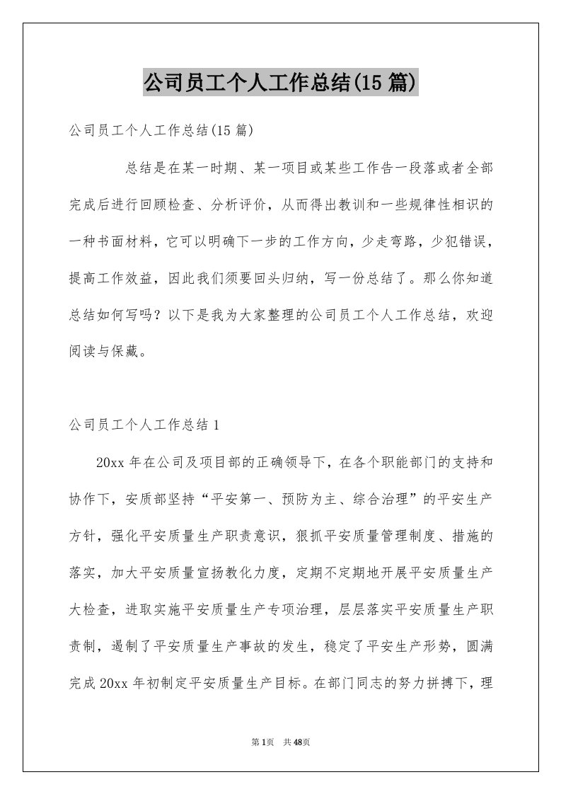 公司员工个人工作总结15篇精选