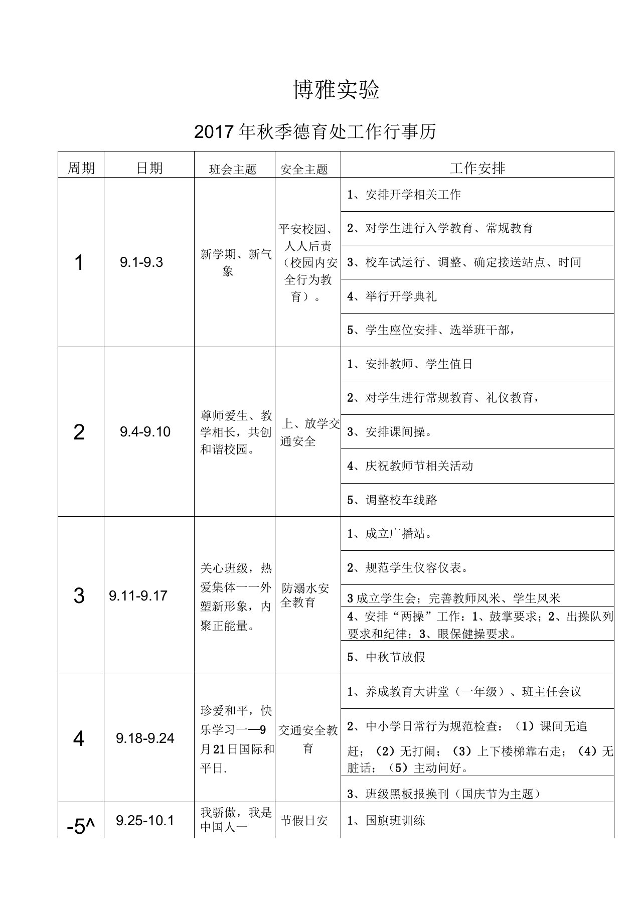 博雅实验学校秋季德育处工作行事历精编