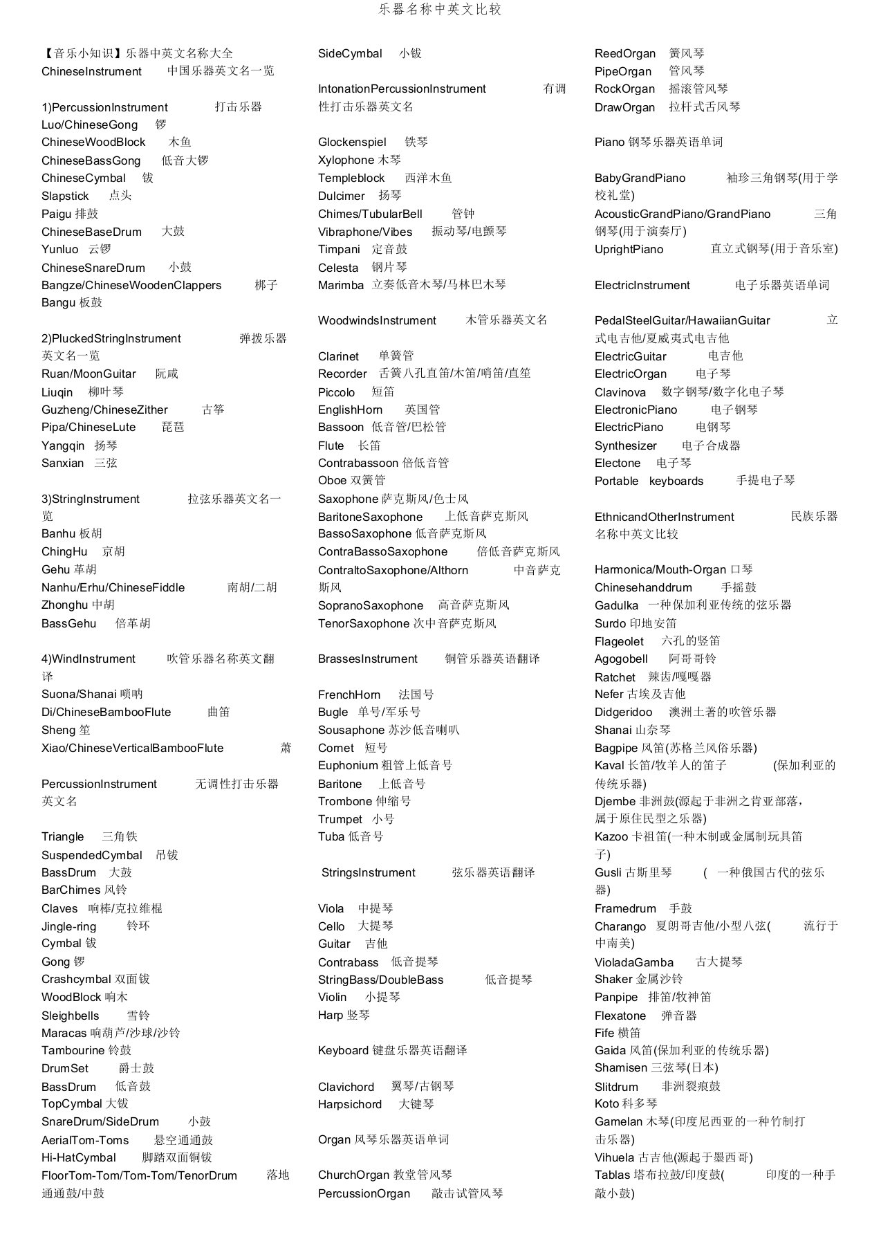 乐器名称中英文对照