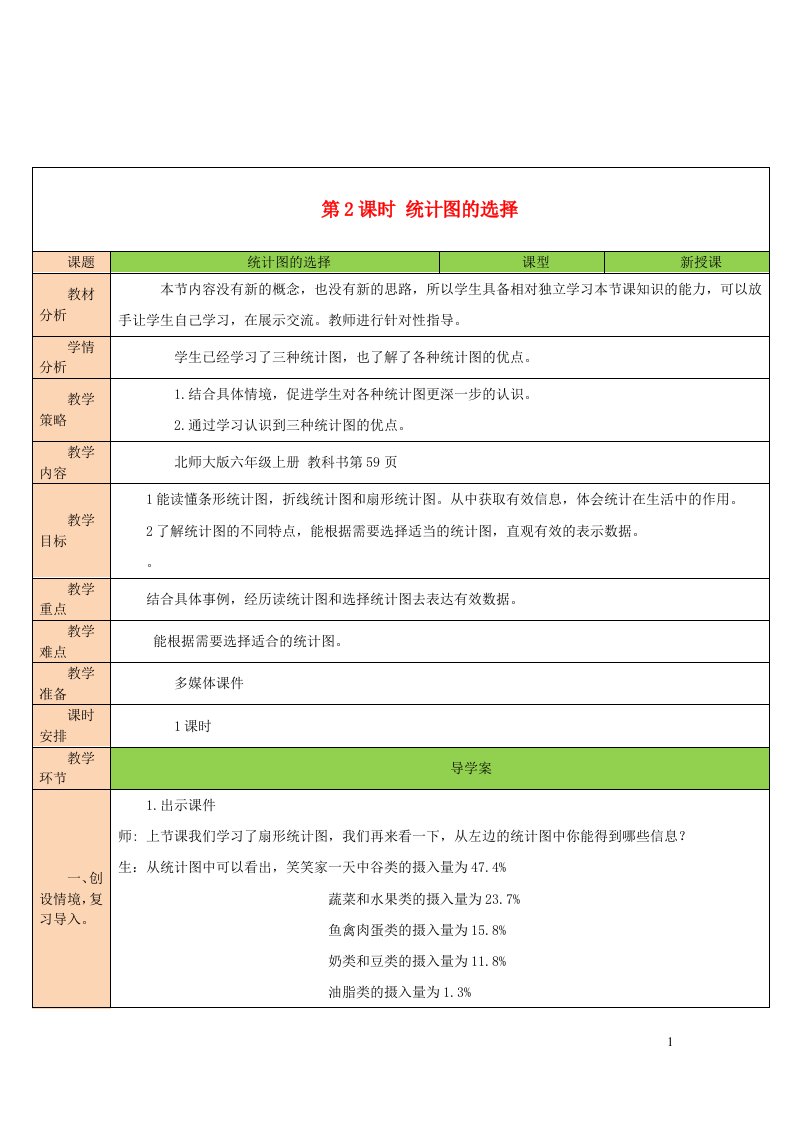 2023六年级数学上册五数据处理第2课时统计图的选择配套教案北师大版