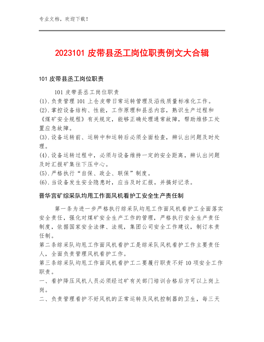 2023101皮带县丞工岗位职责例文大合辑