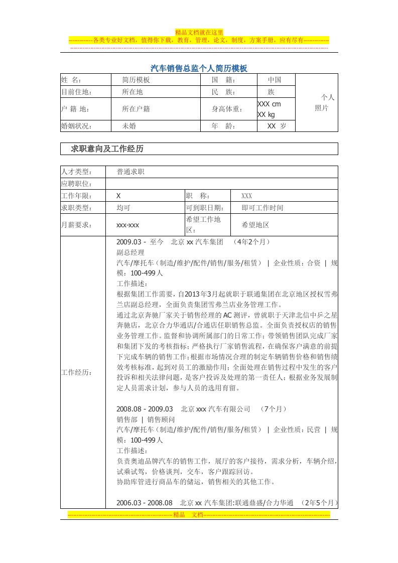 汽车销售总监-个人简历模板