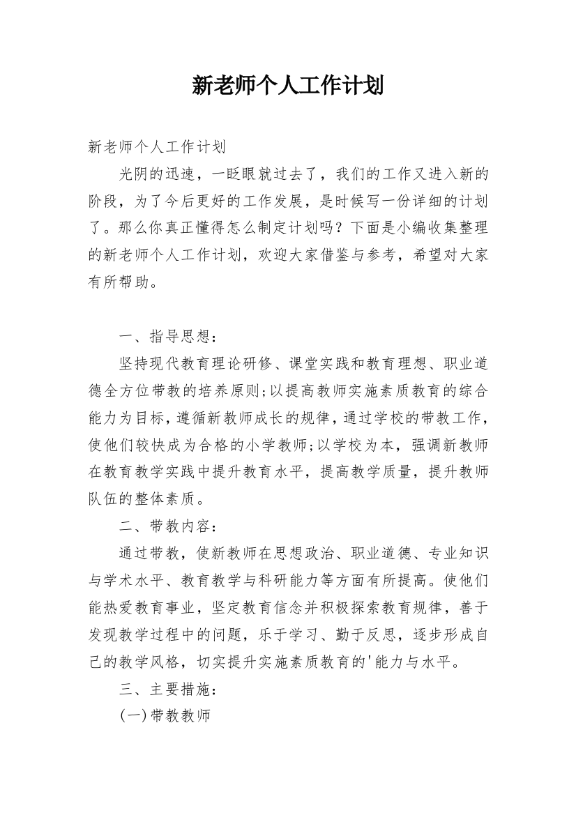 新老师个人工作计划