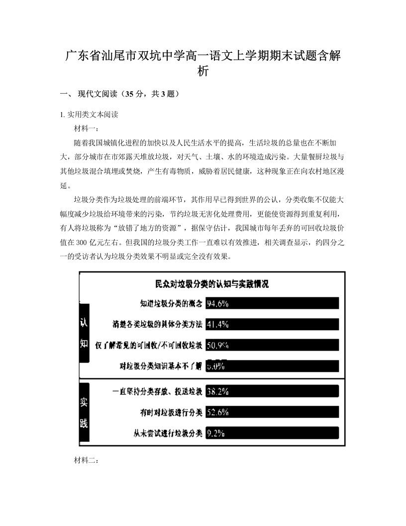 广东省汕尾市双坑中学高一语文上学期期末试题含解析