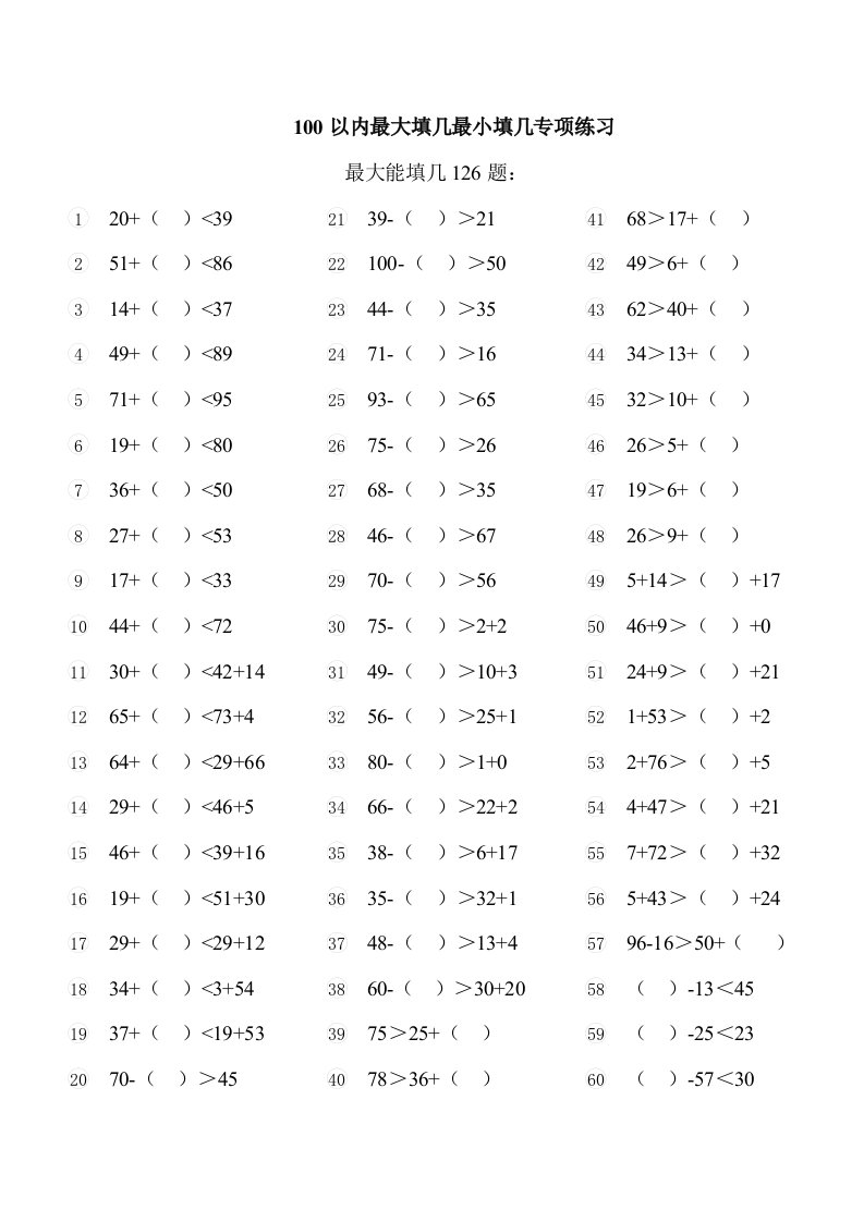 100以内最大最小能填几专项练习