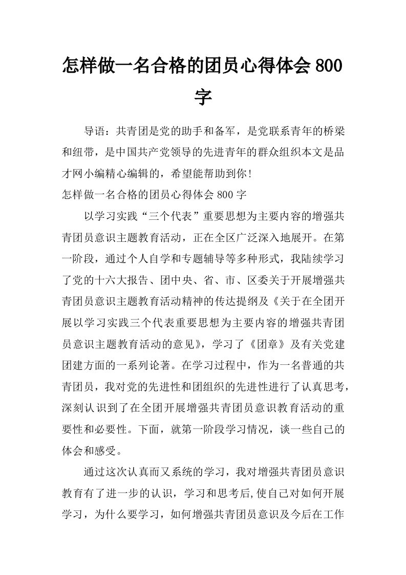 怎样做一名合格的团员心得体会800字