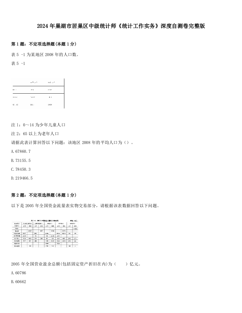 2024年巢湖市居巢区中级统计师《统计工作实务》深度自测卷完整版