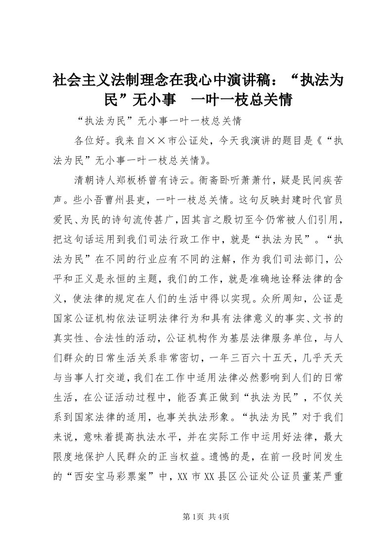 5社会主义法制理念在我心中演讲稿：“执法为民”无小事　一叶一枝总关情