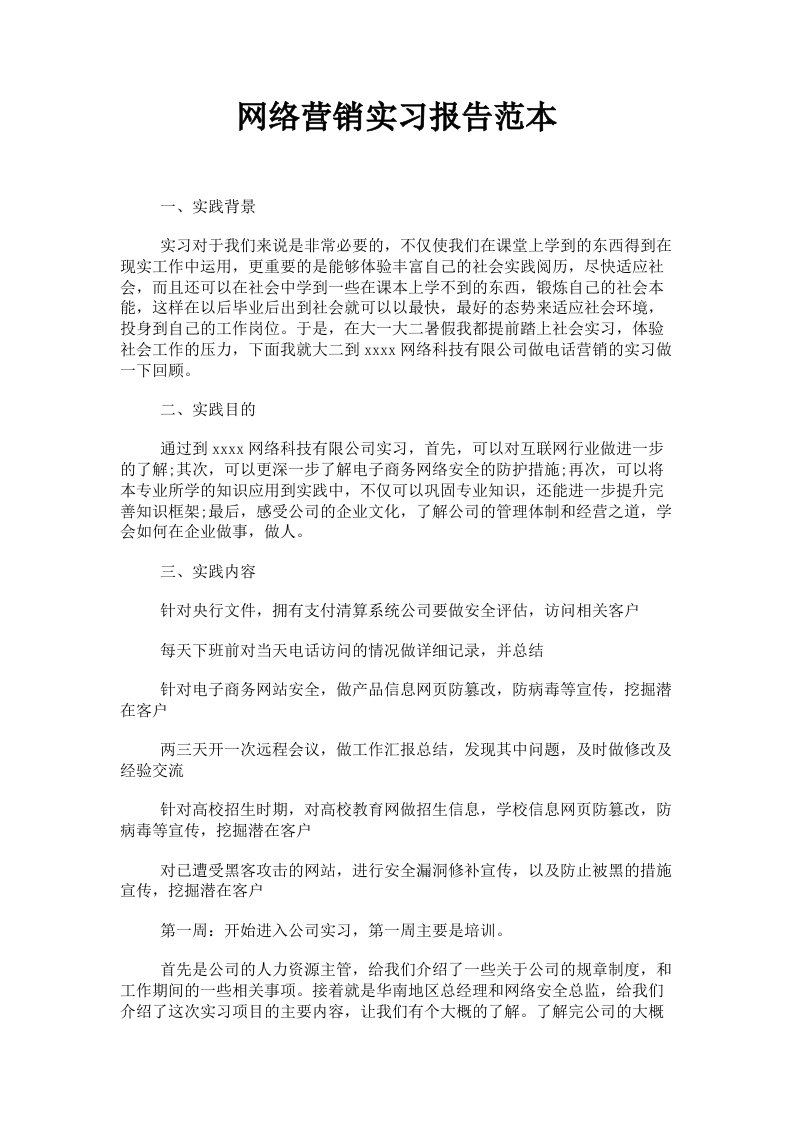 网络营销实习报告范本