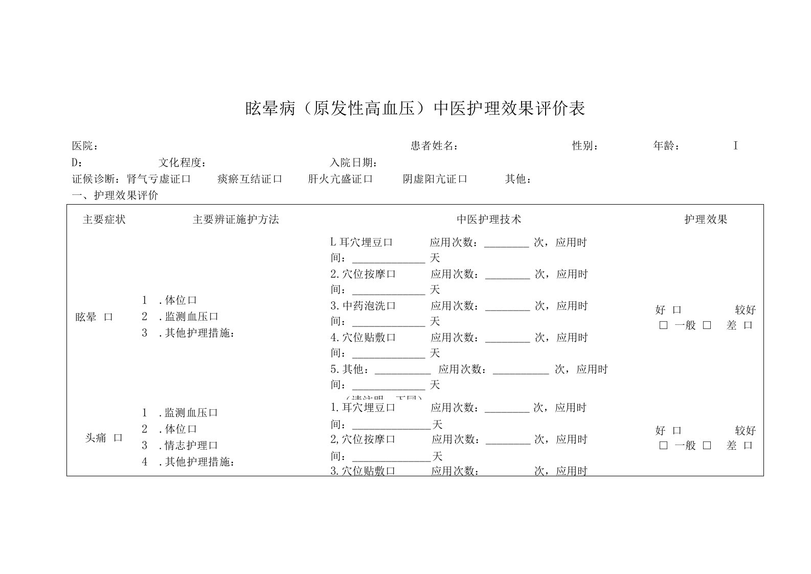 眩晕病（原发性高血压）中医护理效果评价表