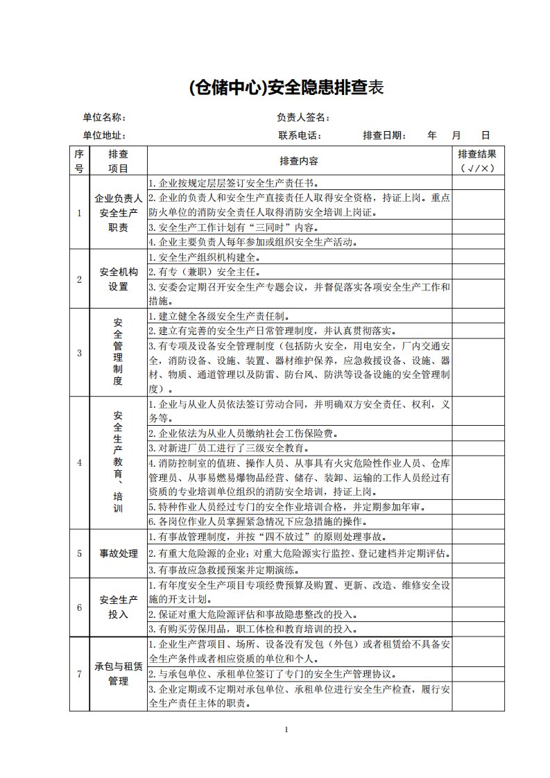 (仓储中心)安全隐患排查表