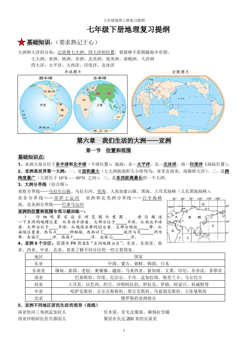 2016湘教版七年级地理下册复习提纲_图文-word资料(精)