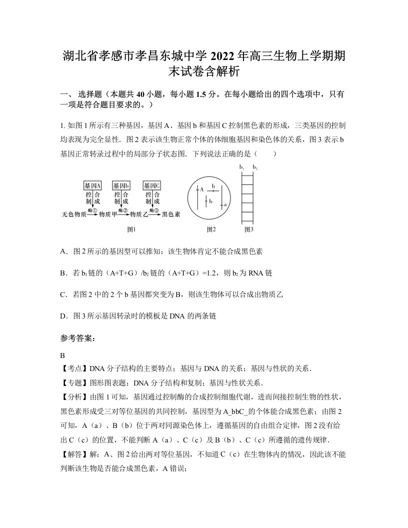 湖北省孝感市孝昌东城中学2022年高三生物上学期期末试卷含解析