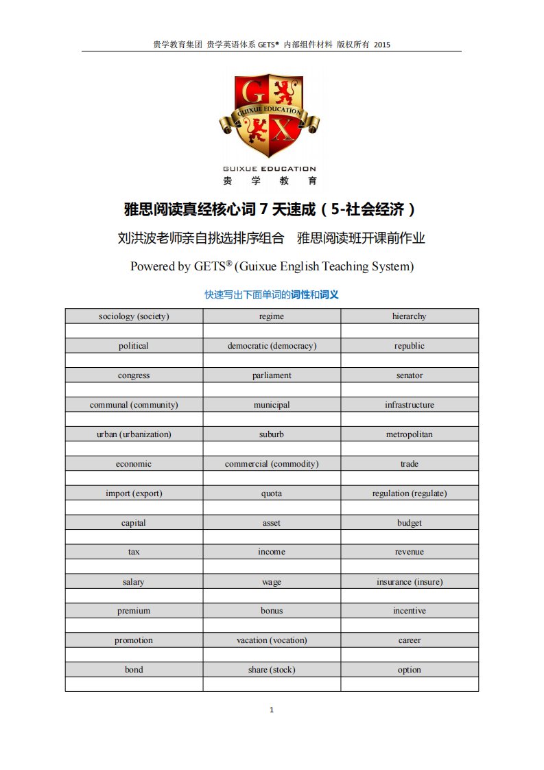 刘洪波雅思阅读词汇7天速成5社会经济类（学员版）