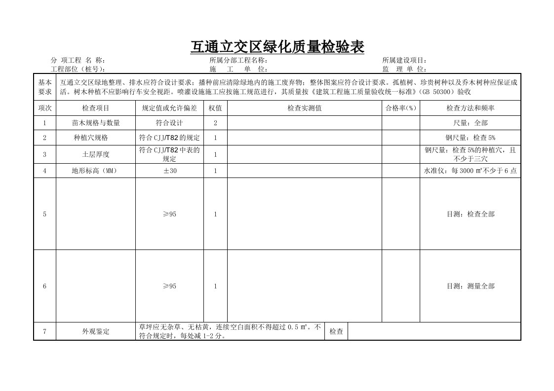 绿化工程评定表、检验表、统计表