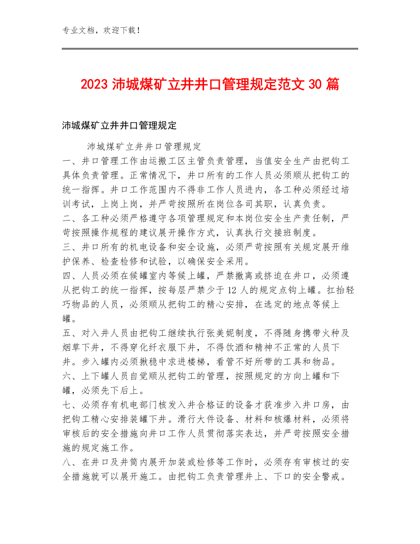 2023沛城煤矿立井井口管理规定范文30篇