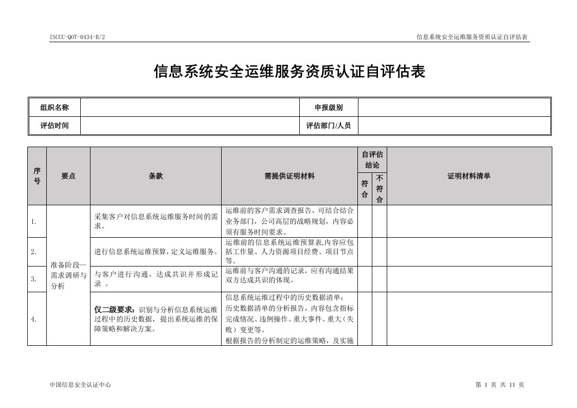 信息系统安全运维服务资质认证自评估表