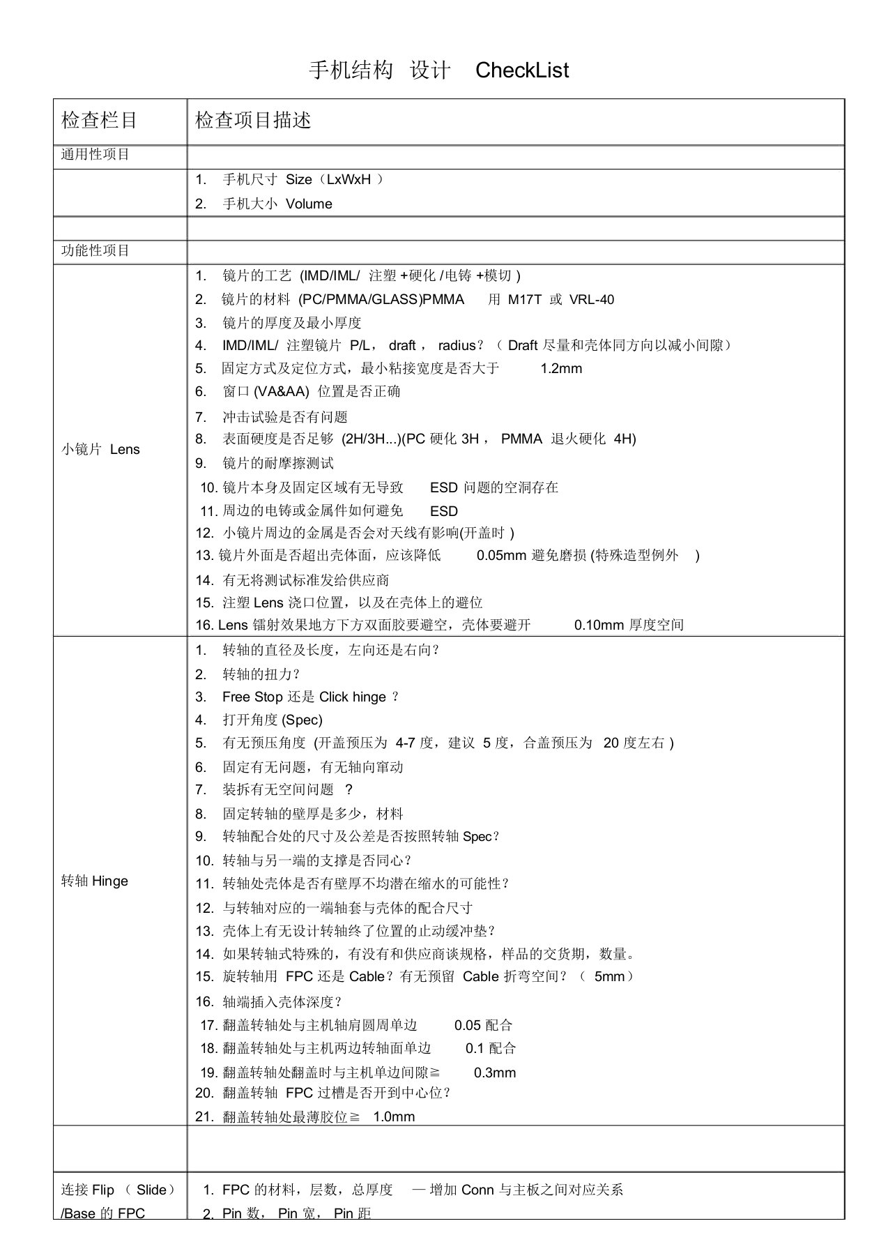 手机结构设计CheckList