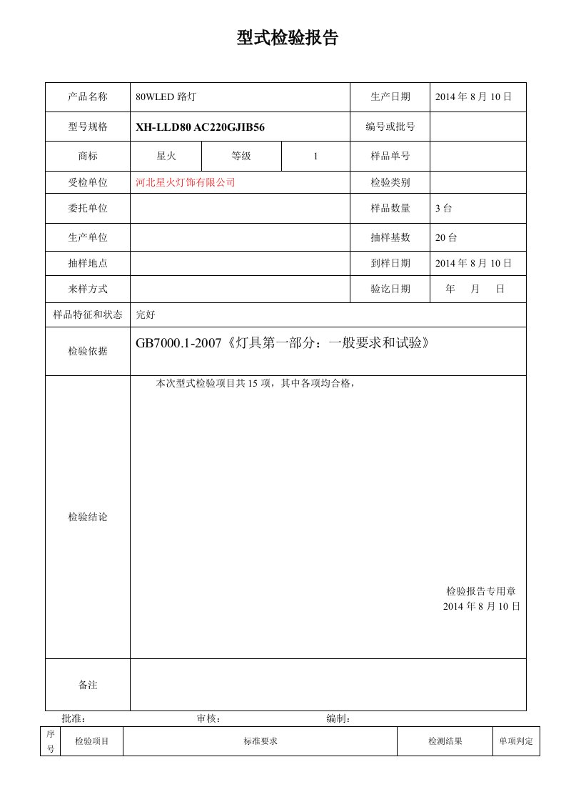 LED路灯型式检验报告)