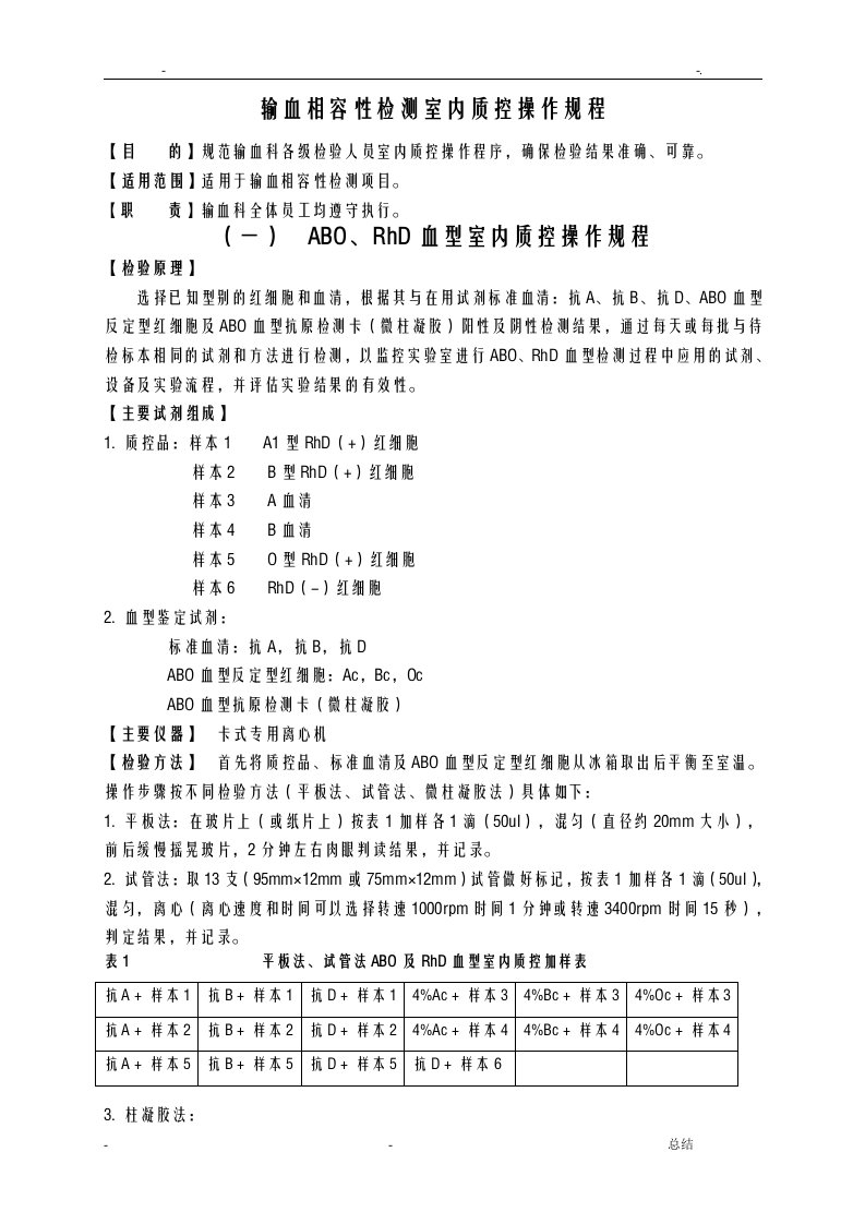 输血相容性检测室内质控操作规程