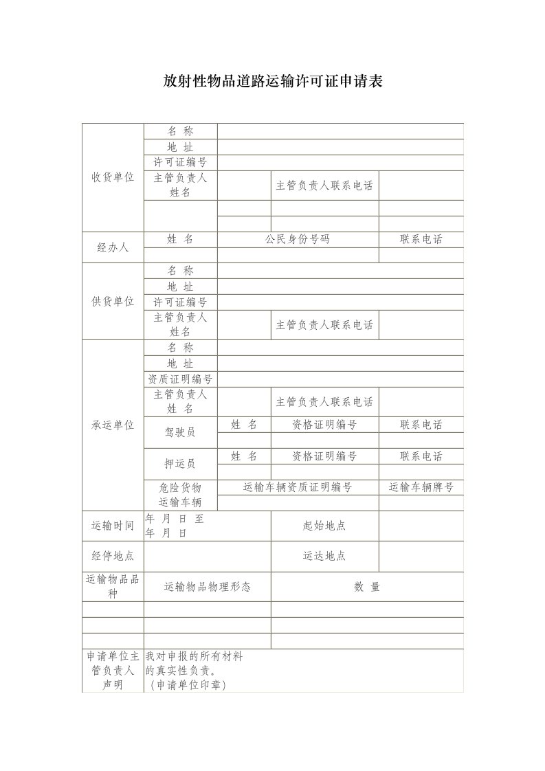 放射性物品道路运输许可证申请表