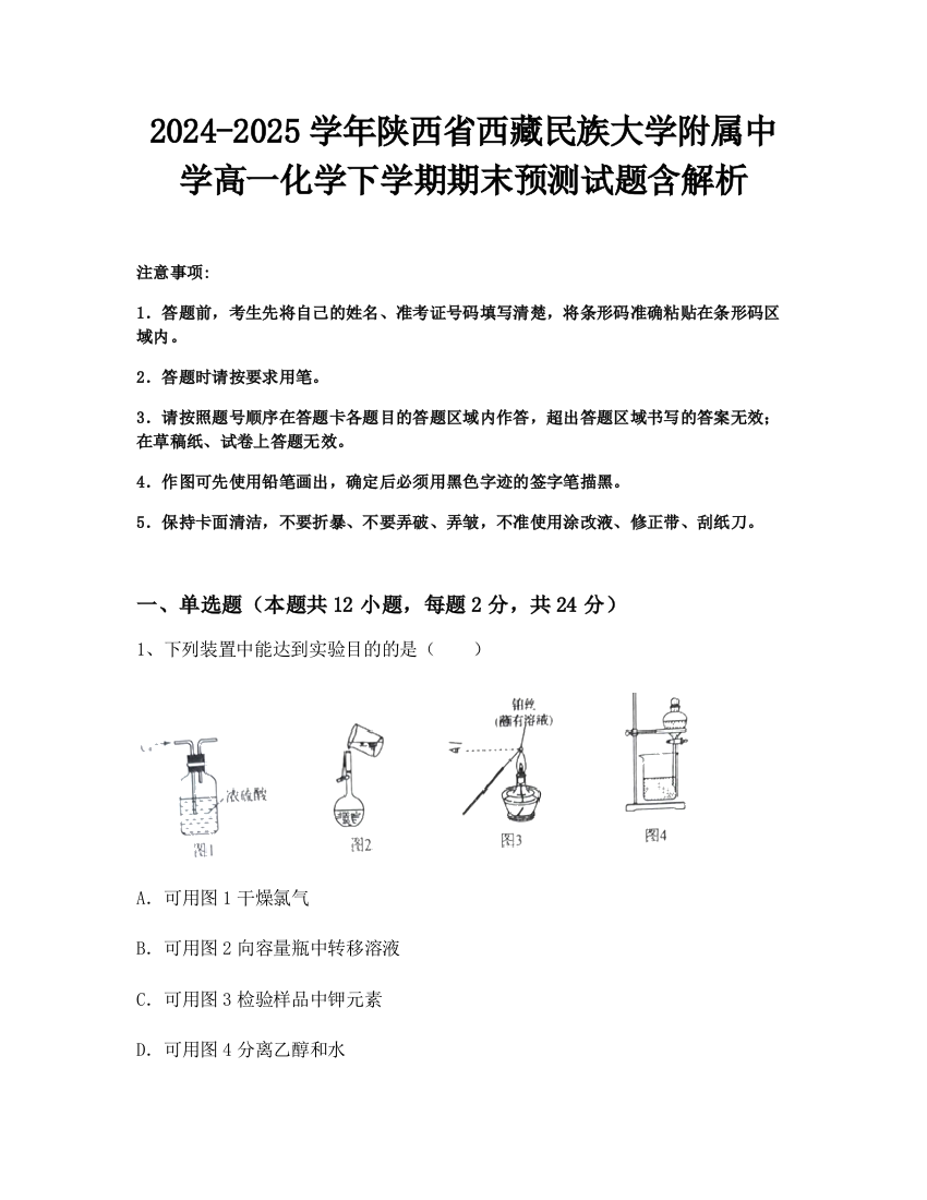 2024-2025学年陕西省西藏民族大学附属中学高一化学下学期期末预测试题含解析