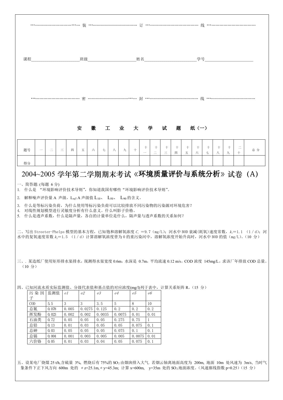 环境质量评价与系统分析2004~2005二A