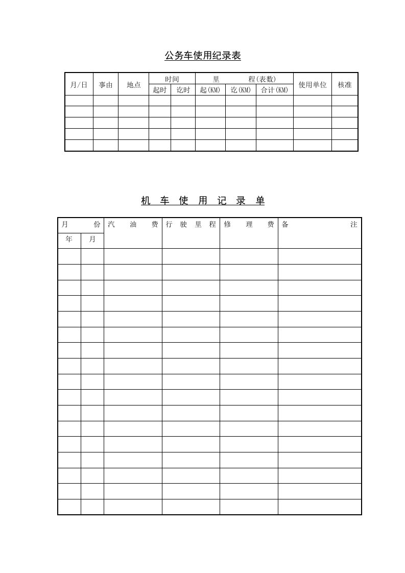 公务车使用纪录表