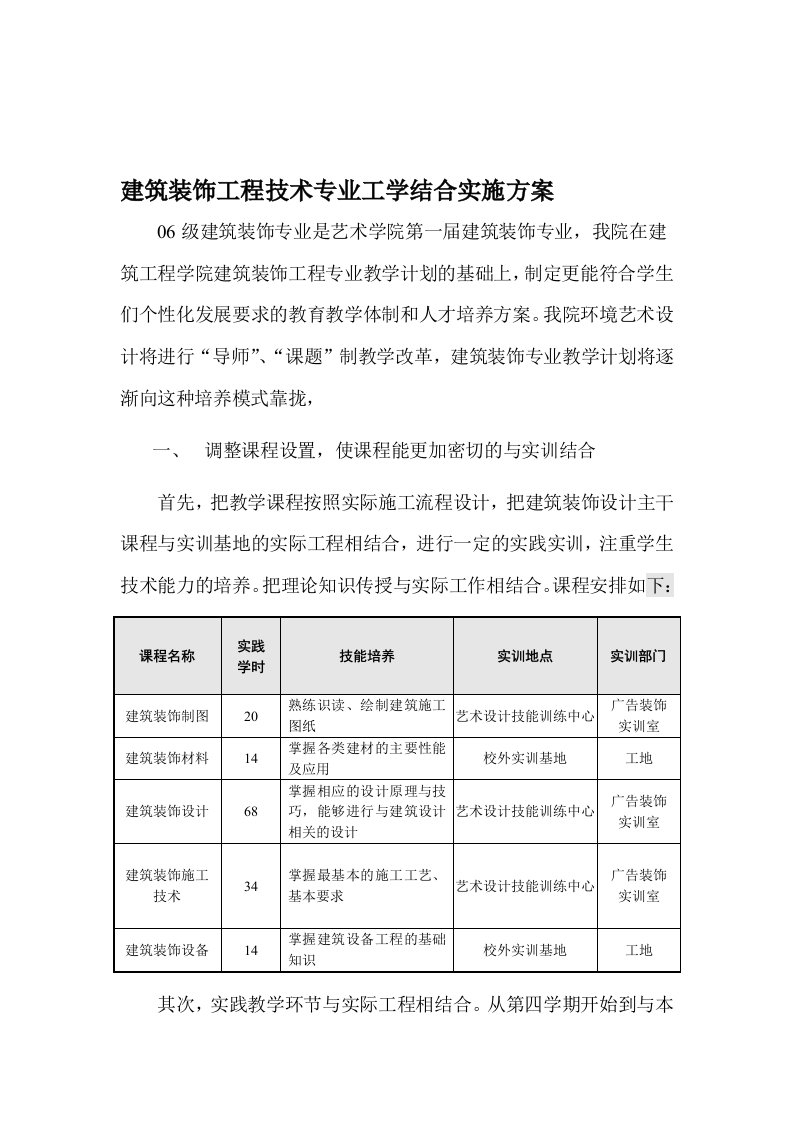 建筑装饰工程技术专业工学结合实施方案