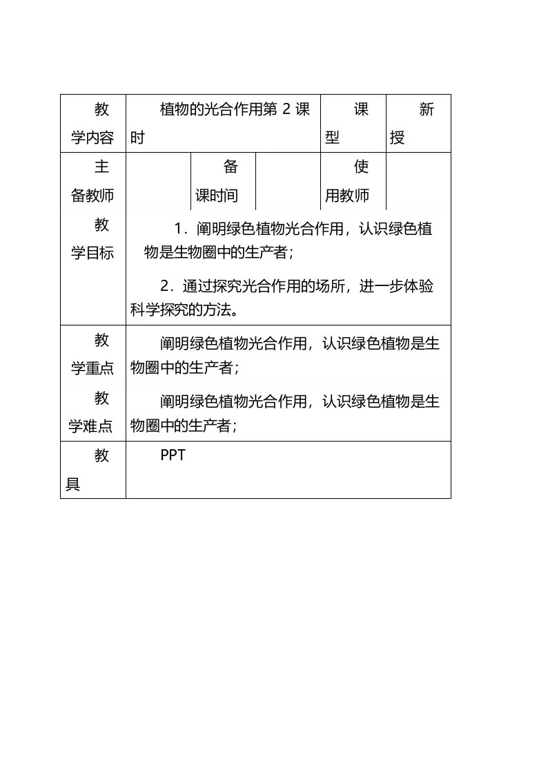 植物的光合作用教案苏科版七年级生物上册