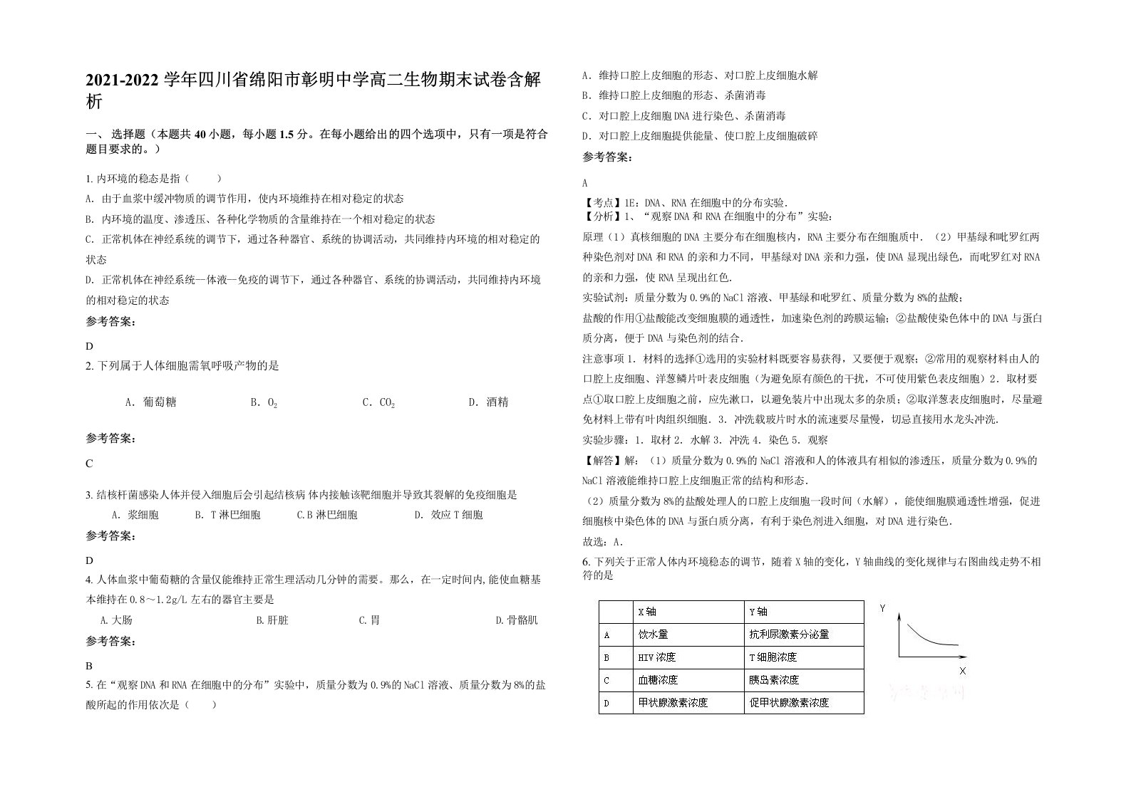 2021-2022学年四川省绵阳市彰明中学高二生物期末试卷含解析