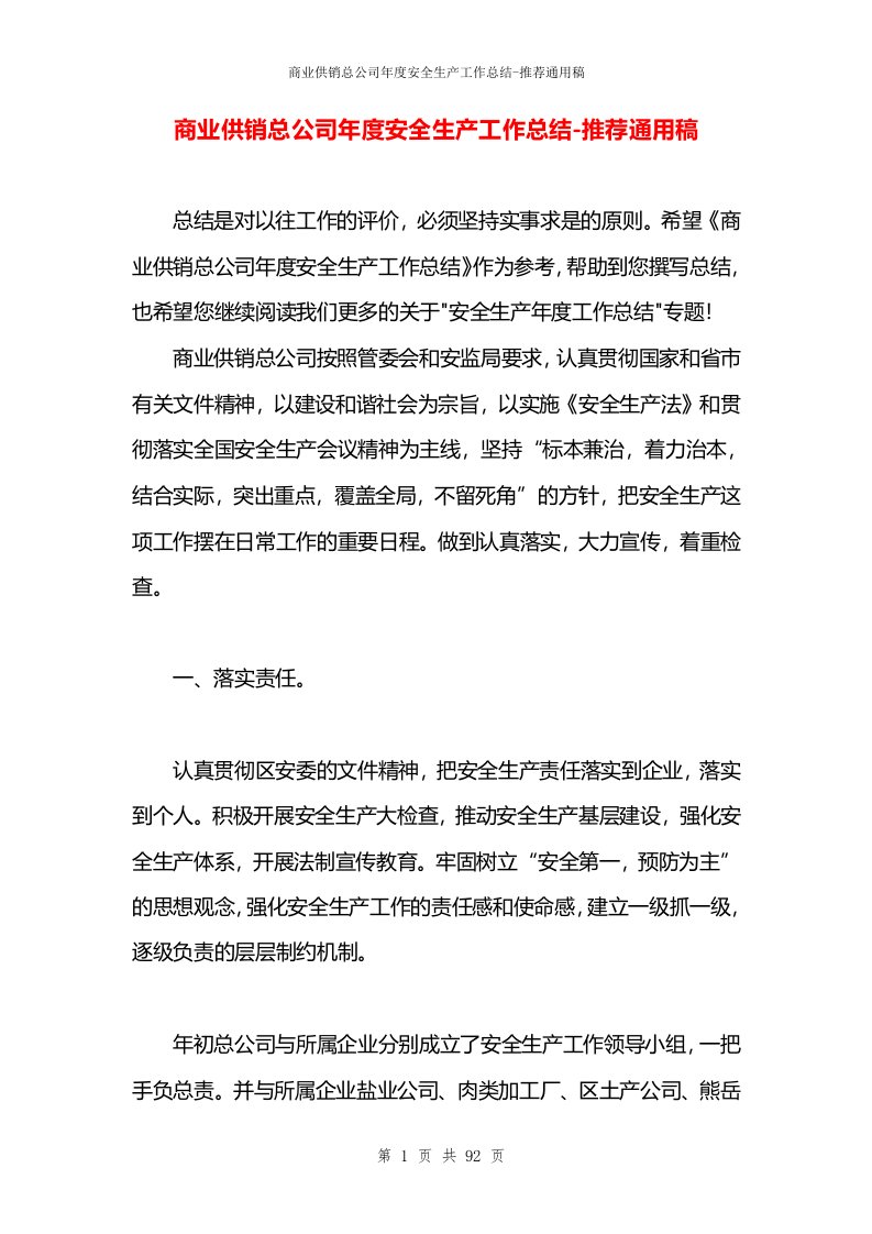 商业供销总公司年度安全生产工作总结