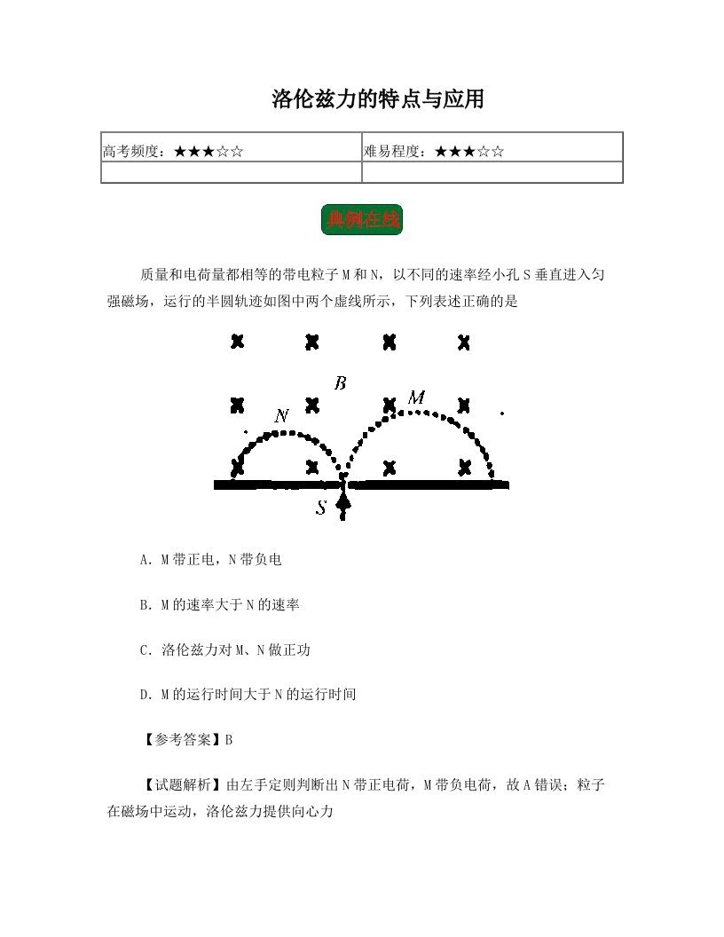 2018年高考物理洛伦兹力的特点与应用复习练习