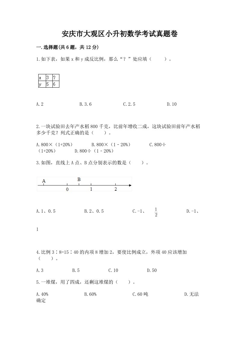 安庆市大观区小升初数学考试真题卷新版