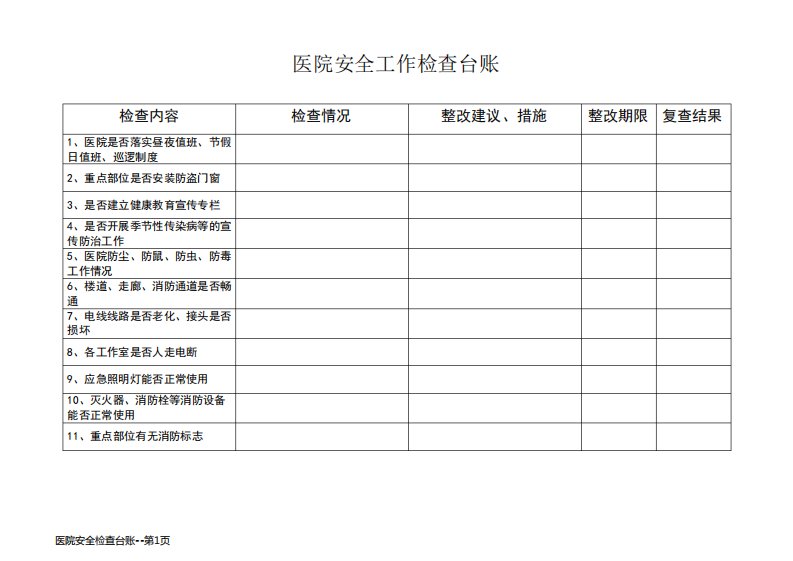 医院安全检查台账