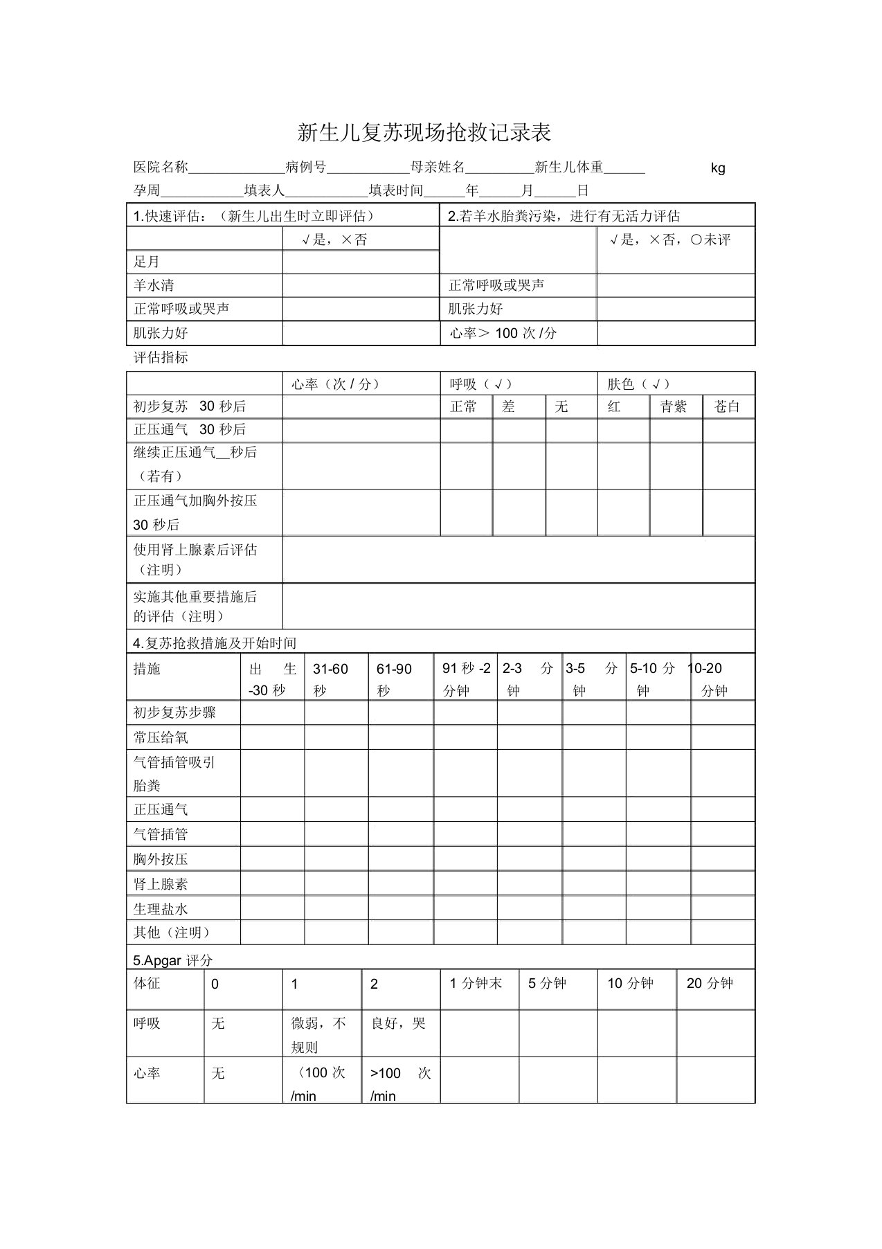 新生儿复苏现场抢救记录表