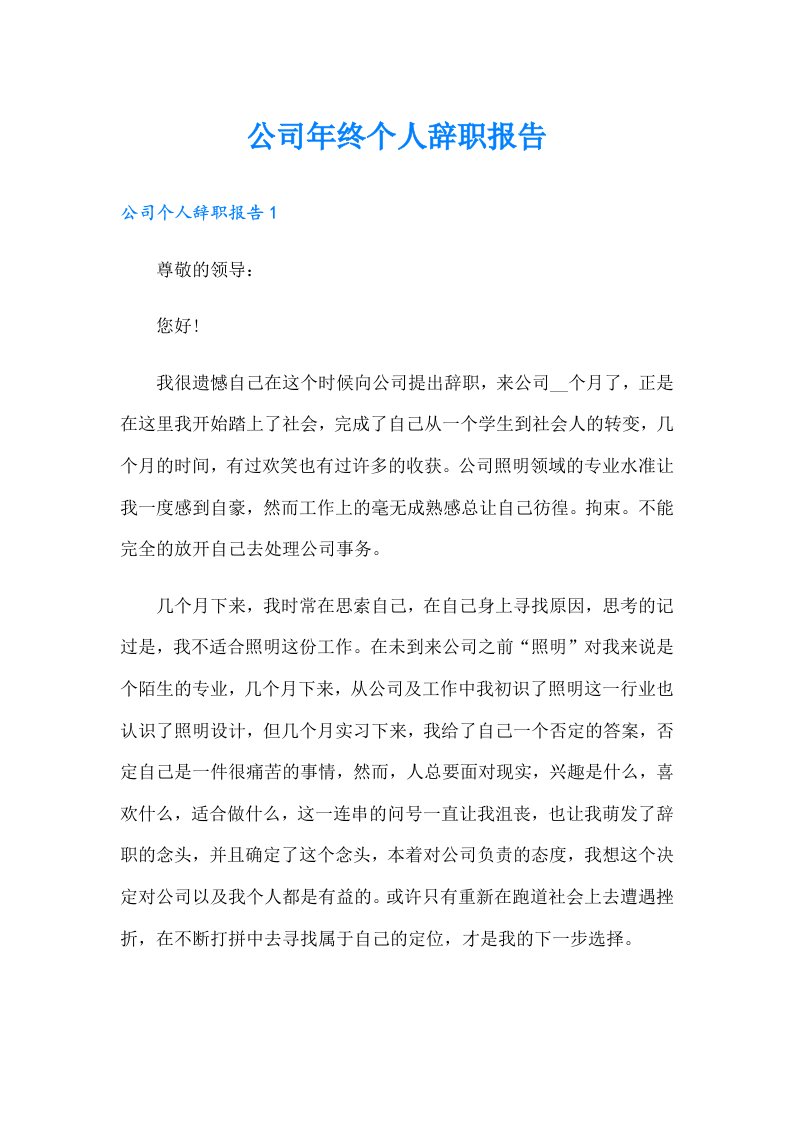 公司年终个人辞职报告