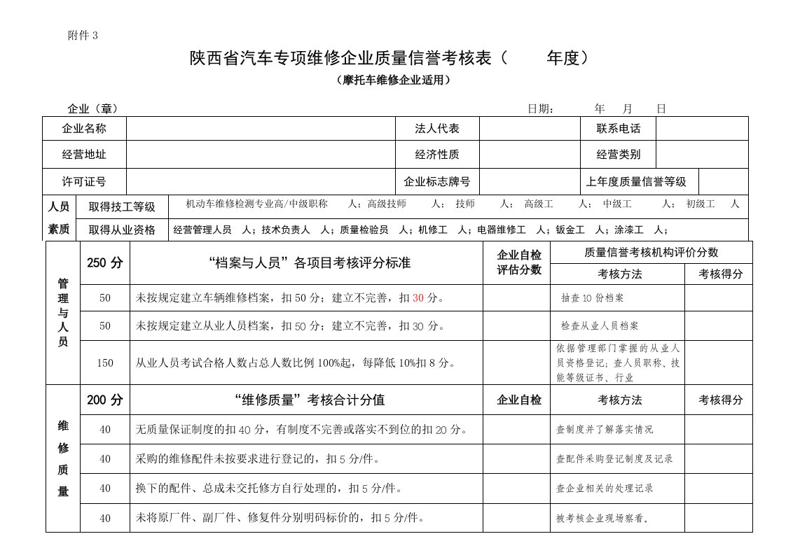 陕西省汽车专项维修企业质量信誉考核表(