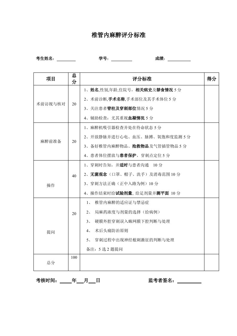 椎管内麻醉评分标准