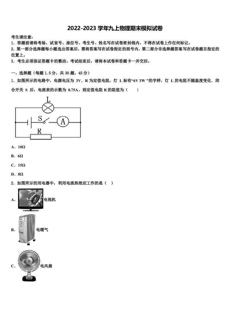 2022年安徽省桐城实验中学九年级物理第一学期期末达标检测试题含解析