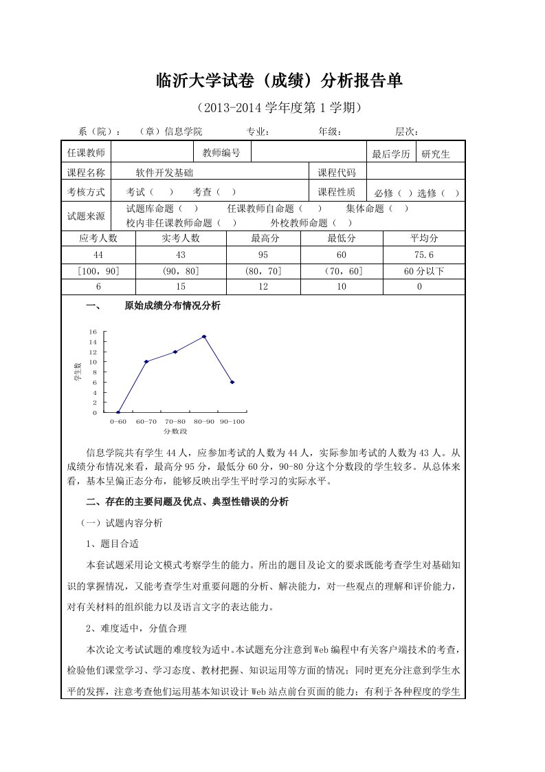 临沂大学试卷(成绩)分析报告单