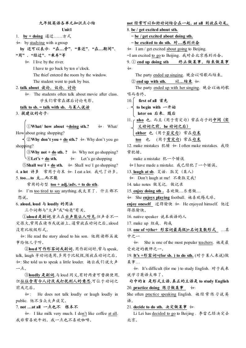 九年级英语各单元知识点大全精心装