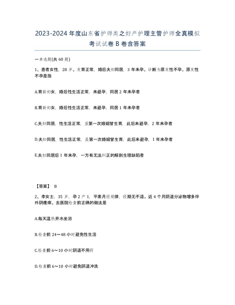 2023-2024年度山东省护师类之妇产护理主管护师全真模拟考试试卷B卷含答案