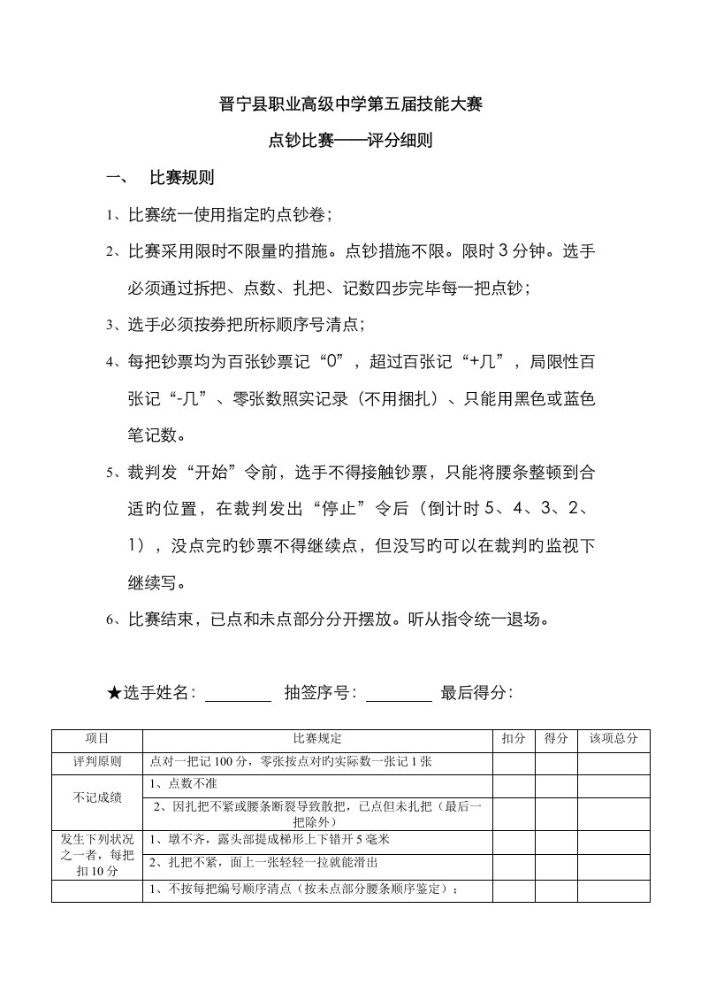 技能大赛点钞比赛评分细则